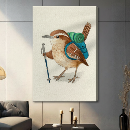 Hiking Wren Watercolor Whimsical Bird Canvas Art
