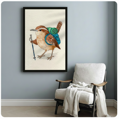 Hiking Wren Watercolor Whimsical Bird Canvas Art
