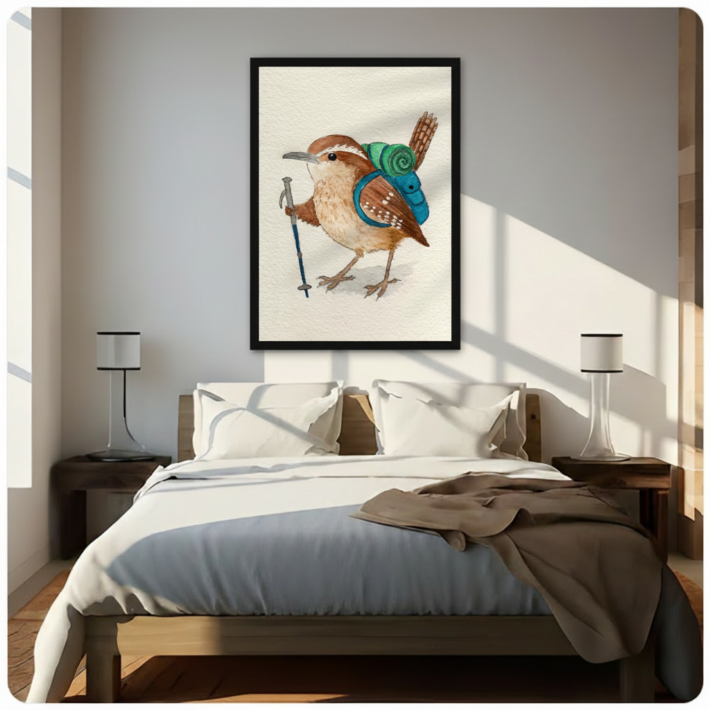 Hiking Wren Watercolor Whimsical Bird Canvas Art