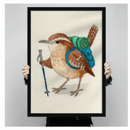 Hiking Wren Watercolor Whimsical Bird Canvas Art