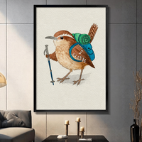 Hiking Wren Watercolor Whimsical Bird Canvas Art
