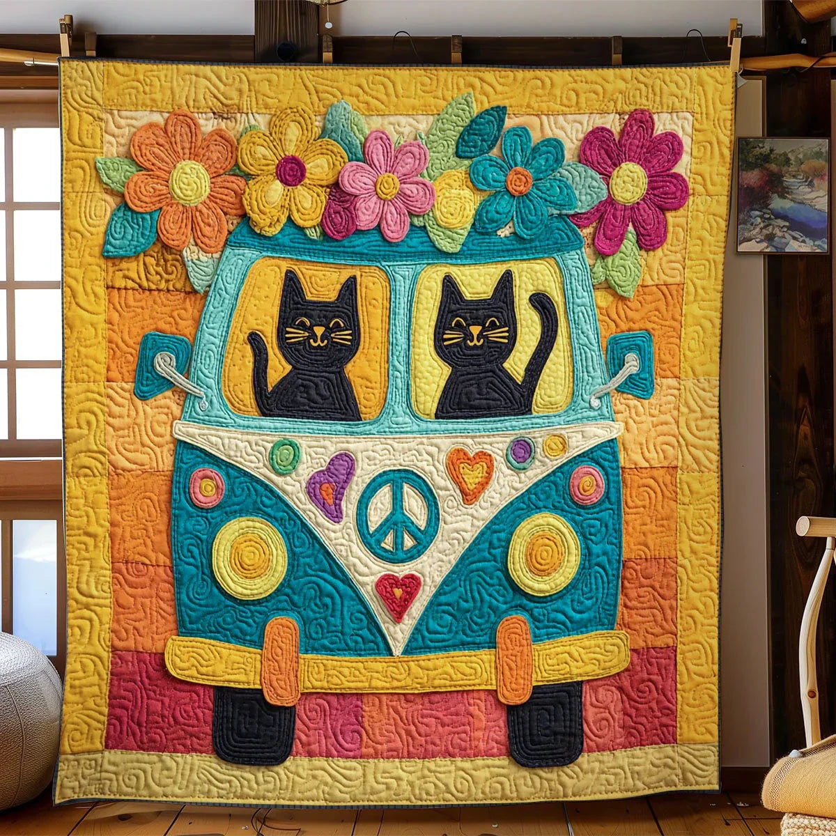 Hippie Cat Van Quilt Blanket