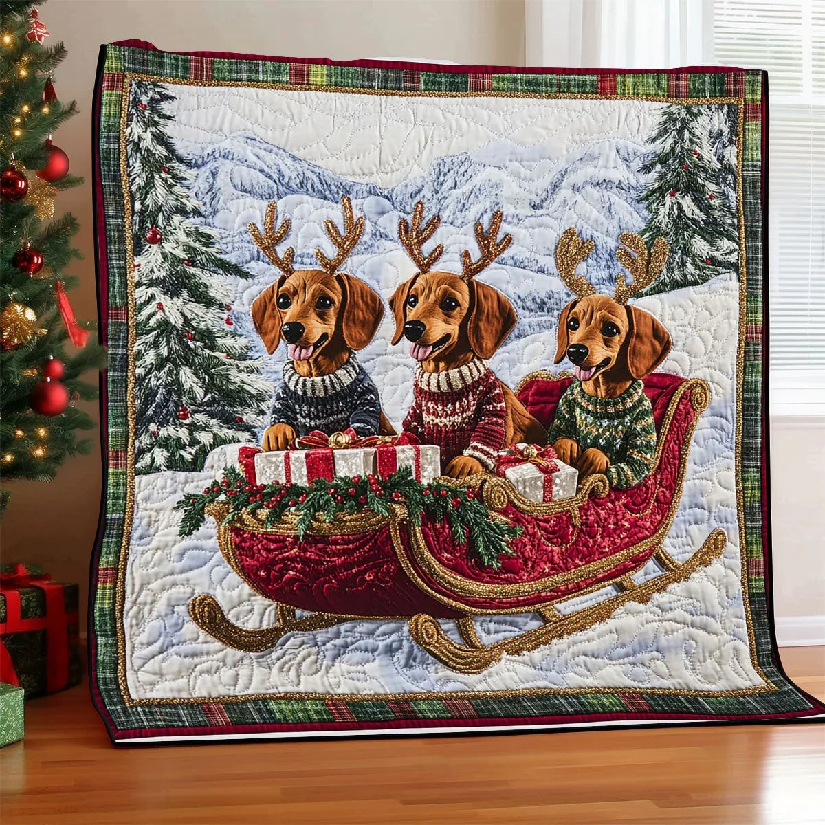 Holiday Dachshund Sleigh Quilt Blanket