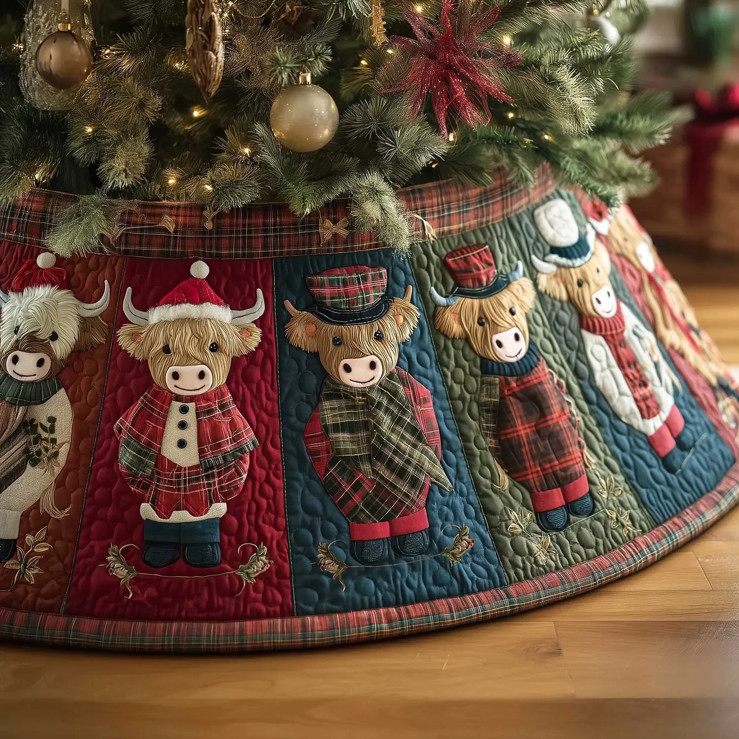 Holiday Highland Cow Christmas Quilted Tree Skirt