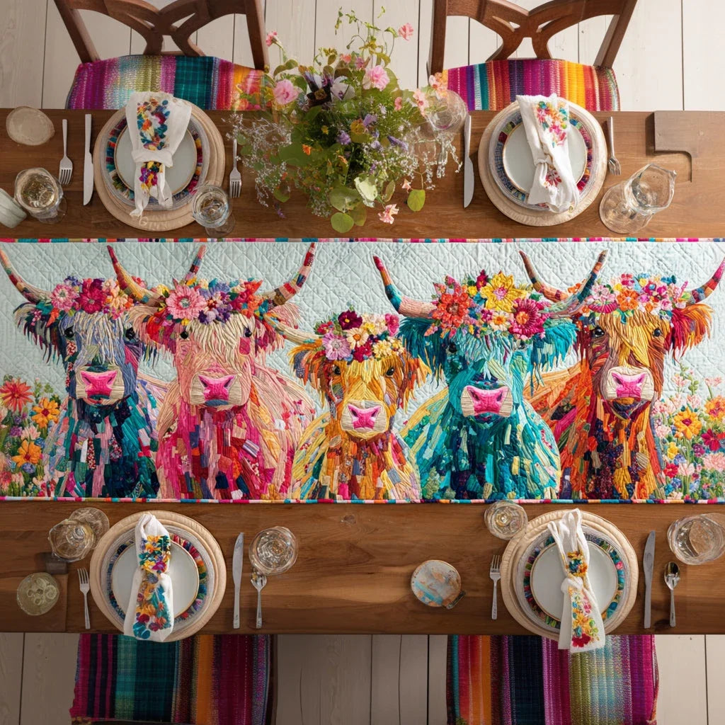 Holiday Highland Cow Quilted Table Runner