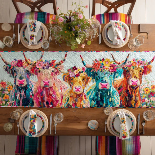 Holiday Highland Cow Quilted Table Runner