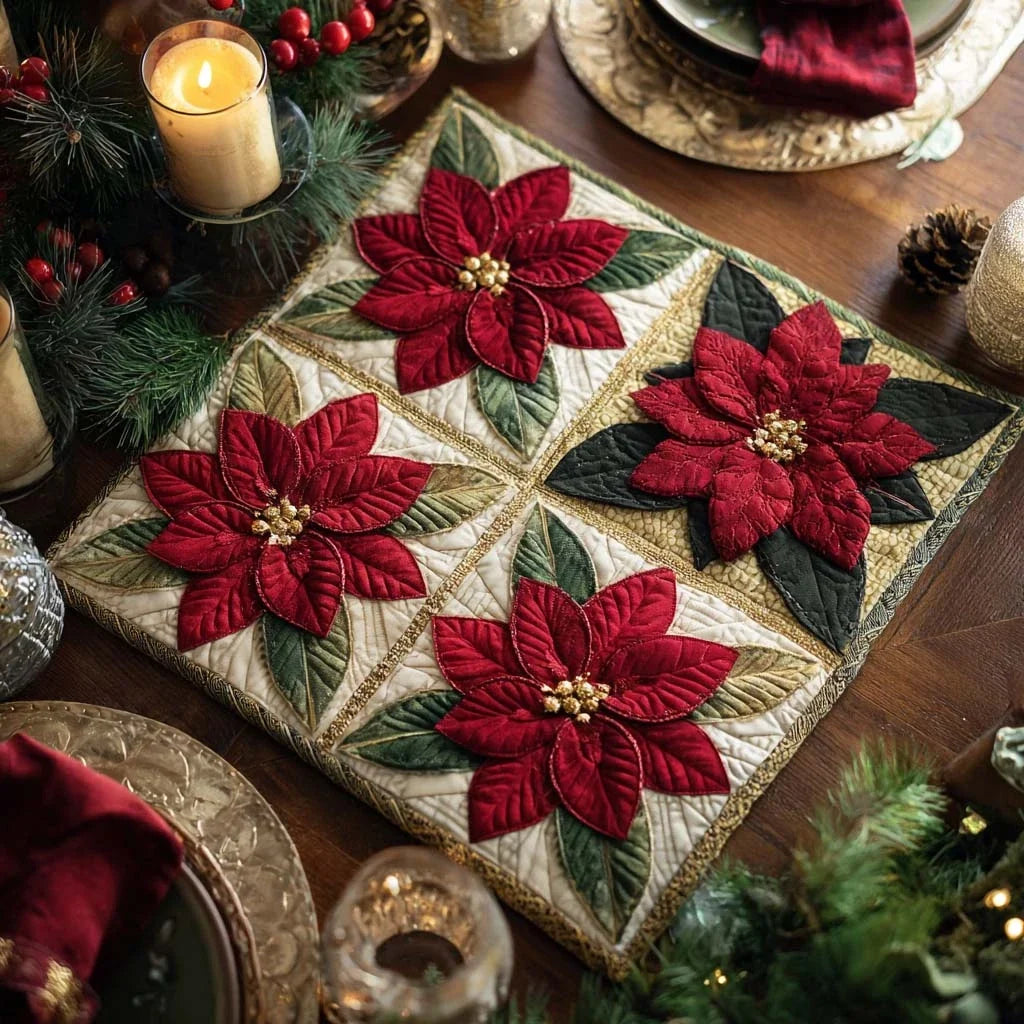 Holiday Poinsettias Quilted Table Topper