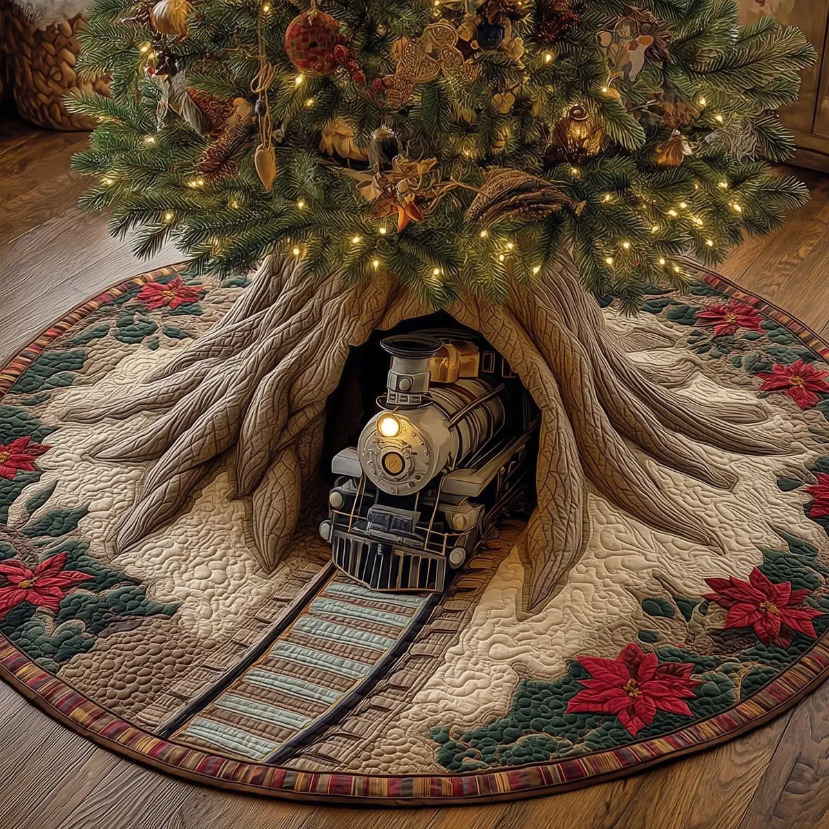 Holiday Railway Christmas Quilted Tree Skirt