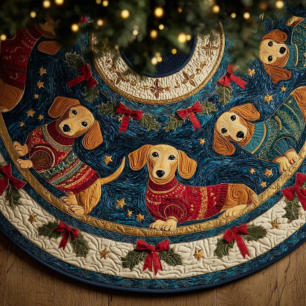 Holly Bow Dachshund Parade Christmas Quilted Tree Skirt