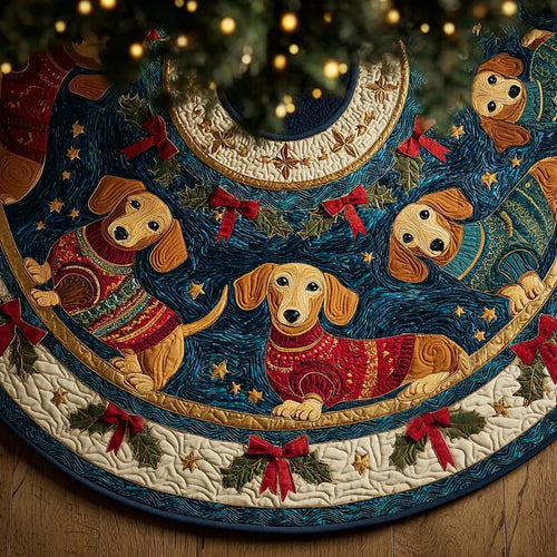 Holly Bow Dachshund Parade Christmas Quilted Tree Skirt