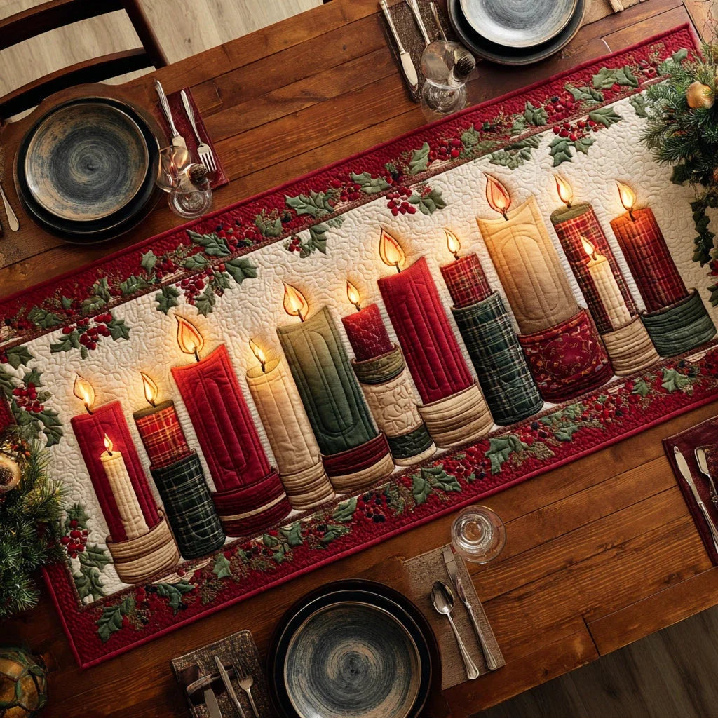 Holly Candle Light Quilted Table Runner