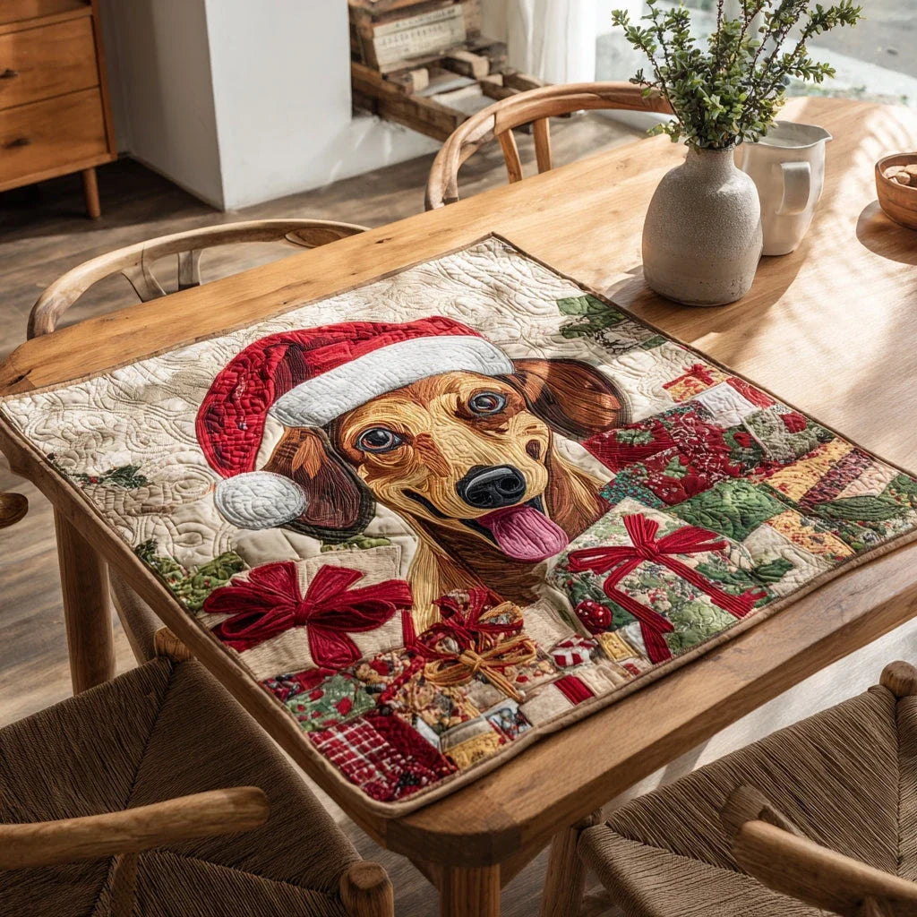 Holly Dachshund Presents Quilted Table Topper