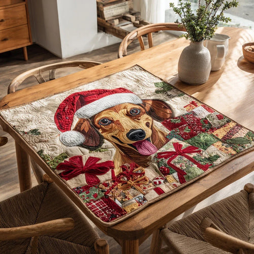 Holly Dachshund Presents Quilted Table Topper