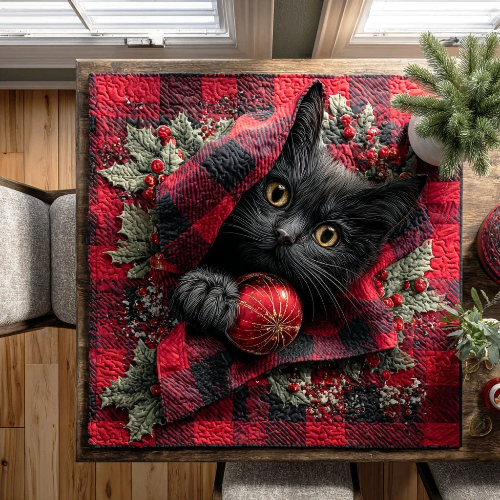 Holly Night Cat Quilted Table Topper