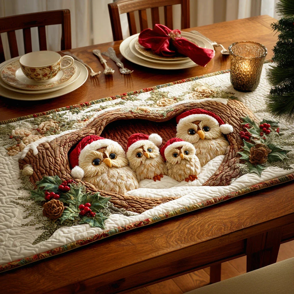 Holly Night Owl Quilted Table Runner