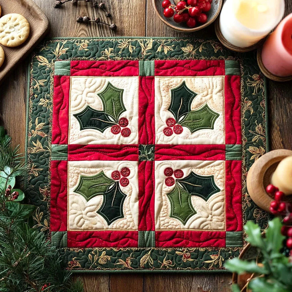 Holly Quartet Quilted Table Topper