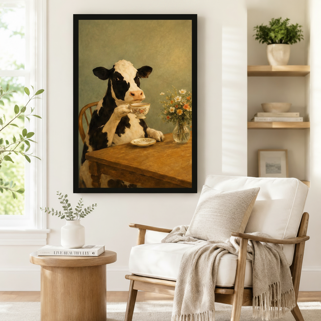 Vintage Cow Tea Time Oil Painting Canvas Art Wall Art