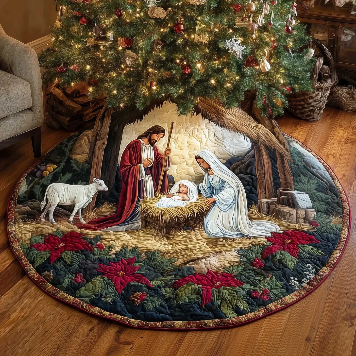 Holy Night Nativity Christmas Quilted Tree Skirt