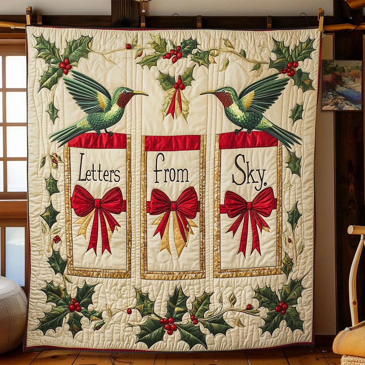 Hummingbird Holiday Letters Quilt Blanket