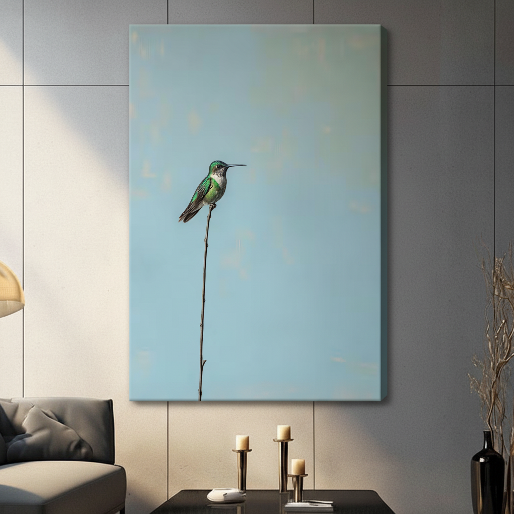 Minimalist Hummingbird Perch Sky Blue Canvas Art