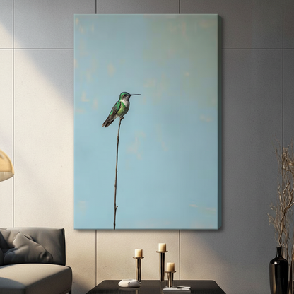 Minimalist Hummingbird Perch Sky Blue Canvas Art