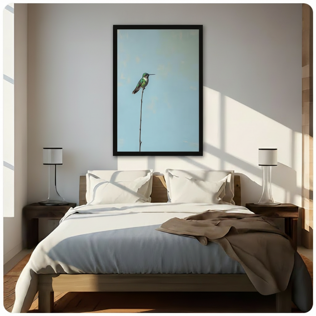 Minimalist Hummingbird Perch Sky Blue Canvas Art