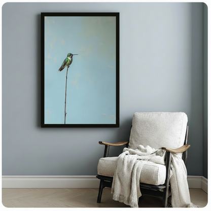 Minimalist Hummingbird Perch Sky Blue Canvas Art