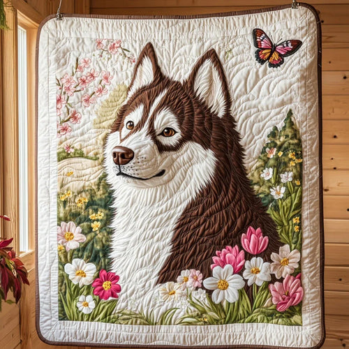 Husky In Bloom Quilt Blanket