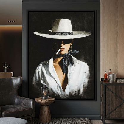 Noir Cowgirl Smoking Portrait Canvas Wall Art