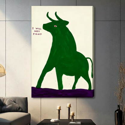 Green Bull 'I Will Not Fight' Framed Canvas Art