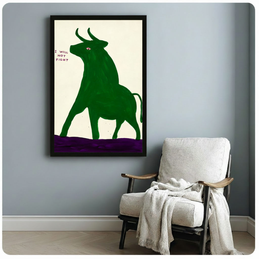 Green Bull 'I Will Not Fight' Framed Canvas Art