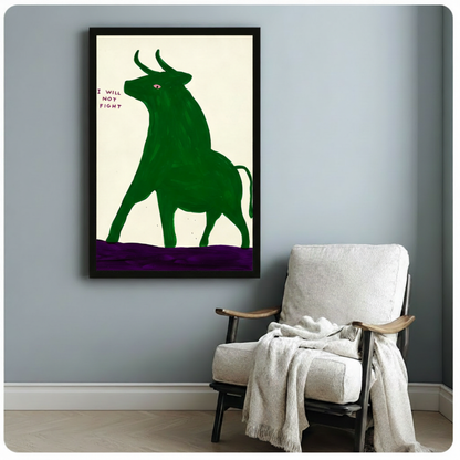 Green Bull 'I Will Not Fight' Framed Canvas Art