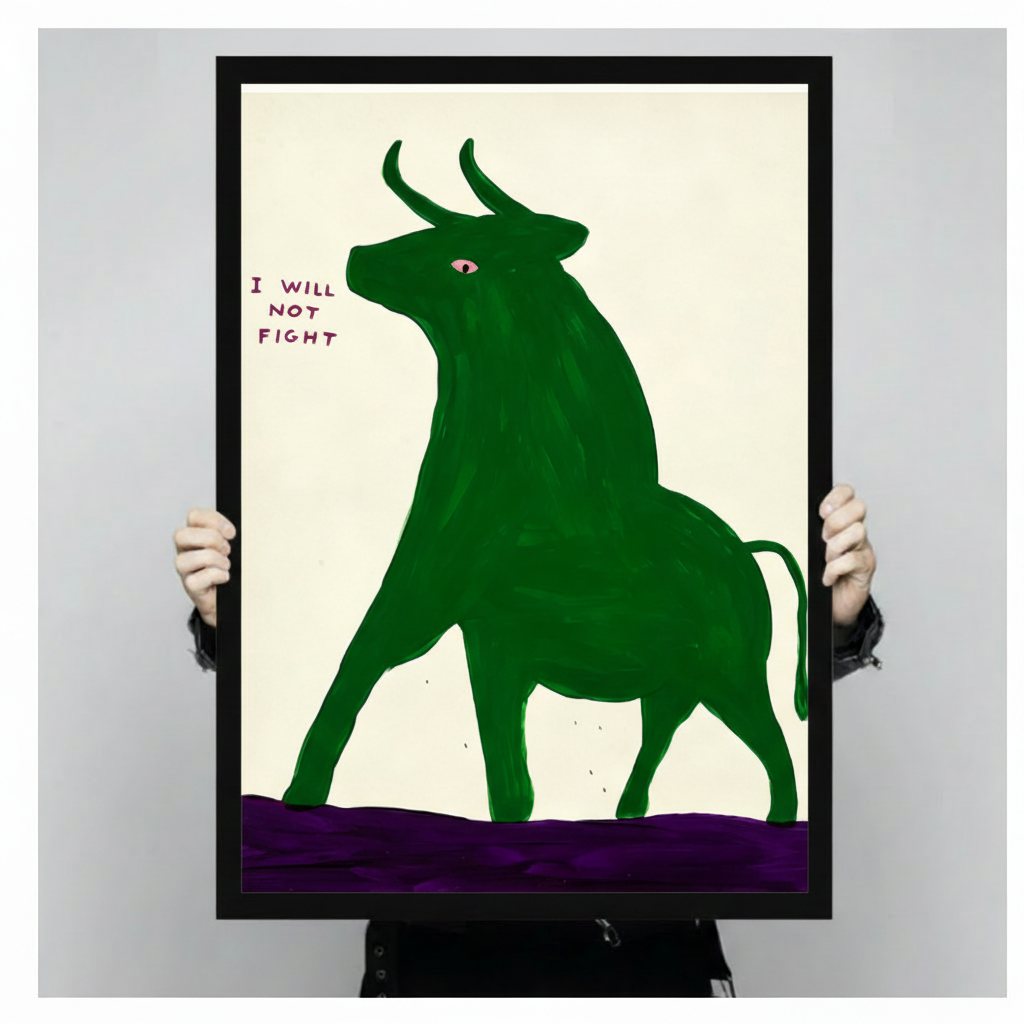 Green Bull 'I Will Not Fight' Framed Canvas Art