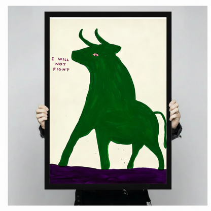 Green Bull 'I Will Not Fight' Framed Canvas Art