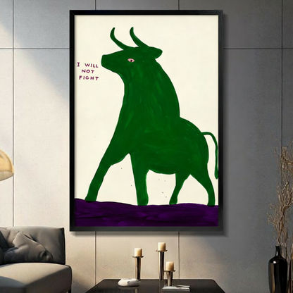 Green Bull 'I Will Not Fight' Framed Canvas Art