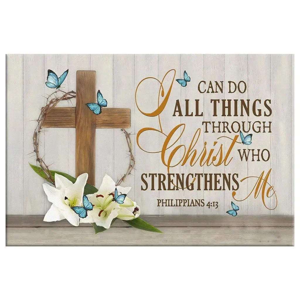 i can do all things through christ wooden cross lily flower butterflies wall art canvas (Landscape) (view 5)