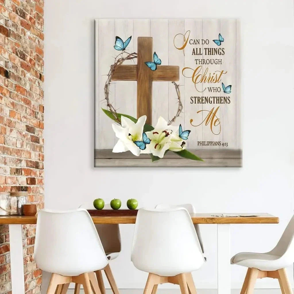 i can do all things through christ wooden cross lily flower butterflies wall art canvas (Landscape) (view 9)