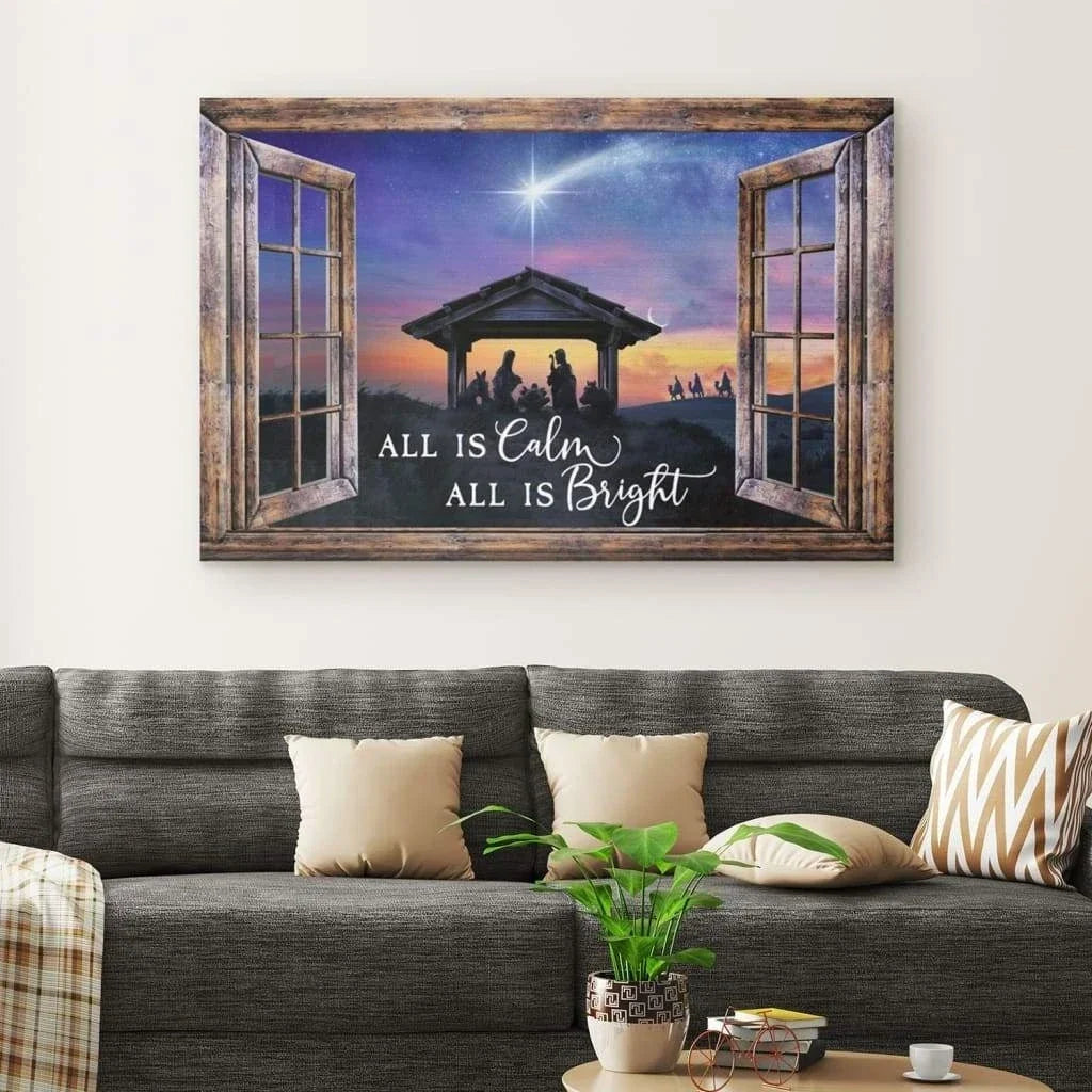 christian christmas gifts all is calm all is bright jesus born christmas wall art canvas (Landscape) (view 4)