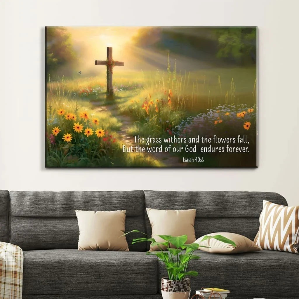 christian wall art isaiah 40 8 the word of our god endures forever canvas wooden cross field (Landscape) (view 3)