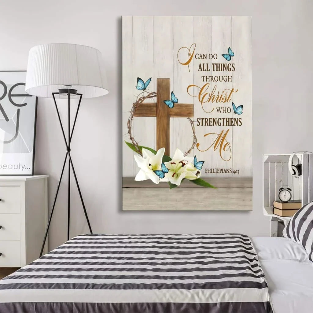i can do all things through christ wooden cross lily flower butterflies wall art canvas (Landscape) (view 4)