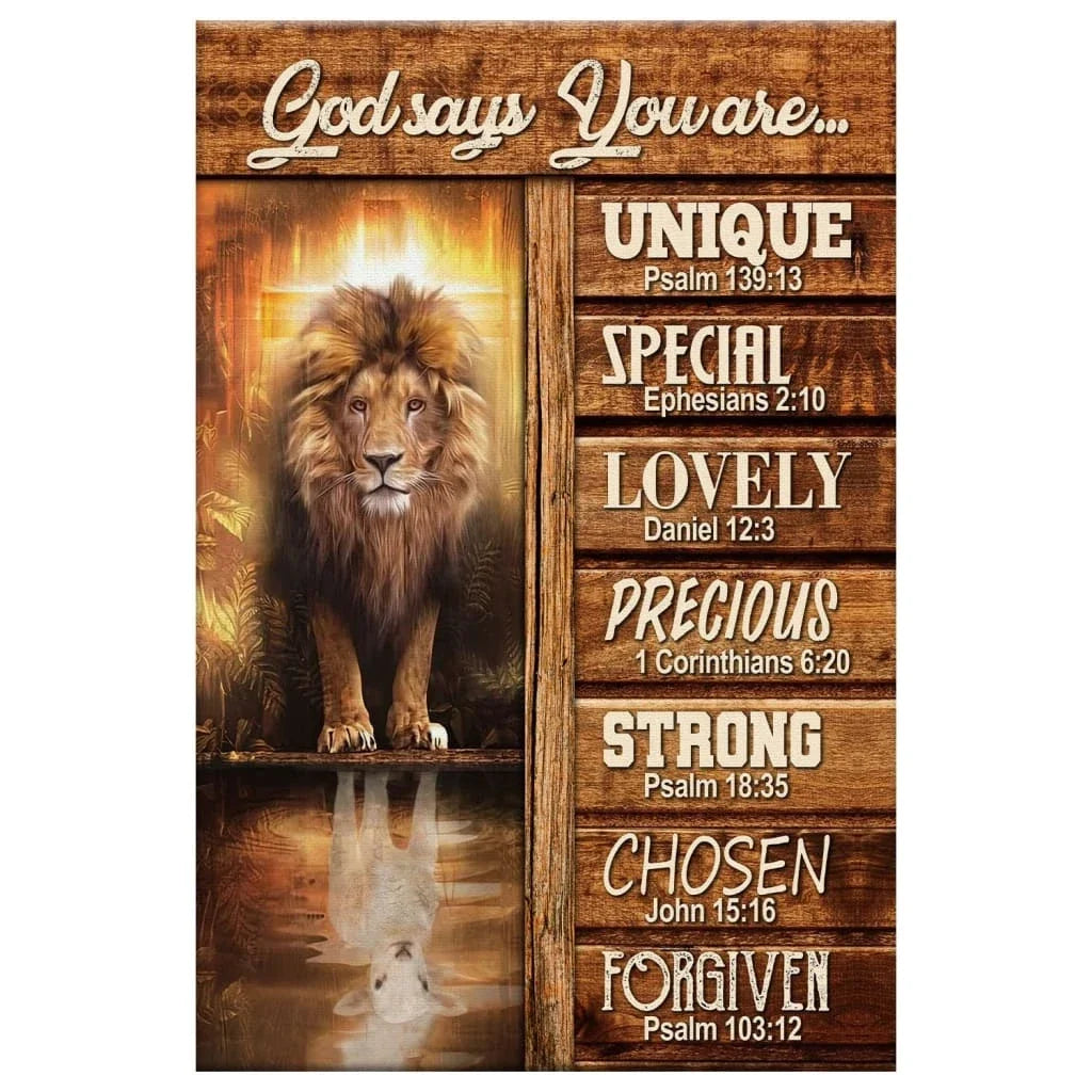 god says you are bible verse canvas print lion and lamb picture (Landscape) (view 3)