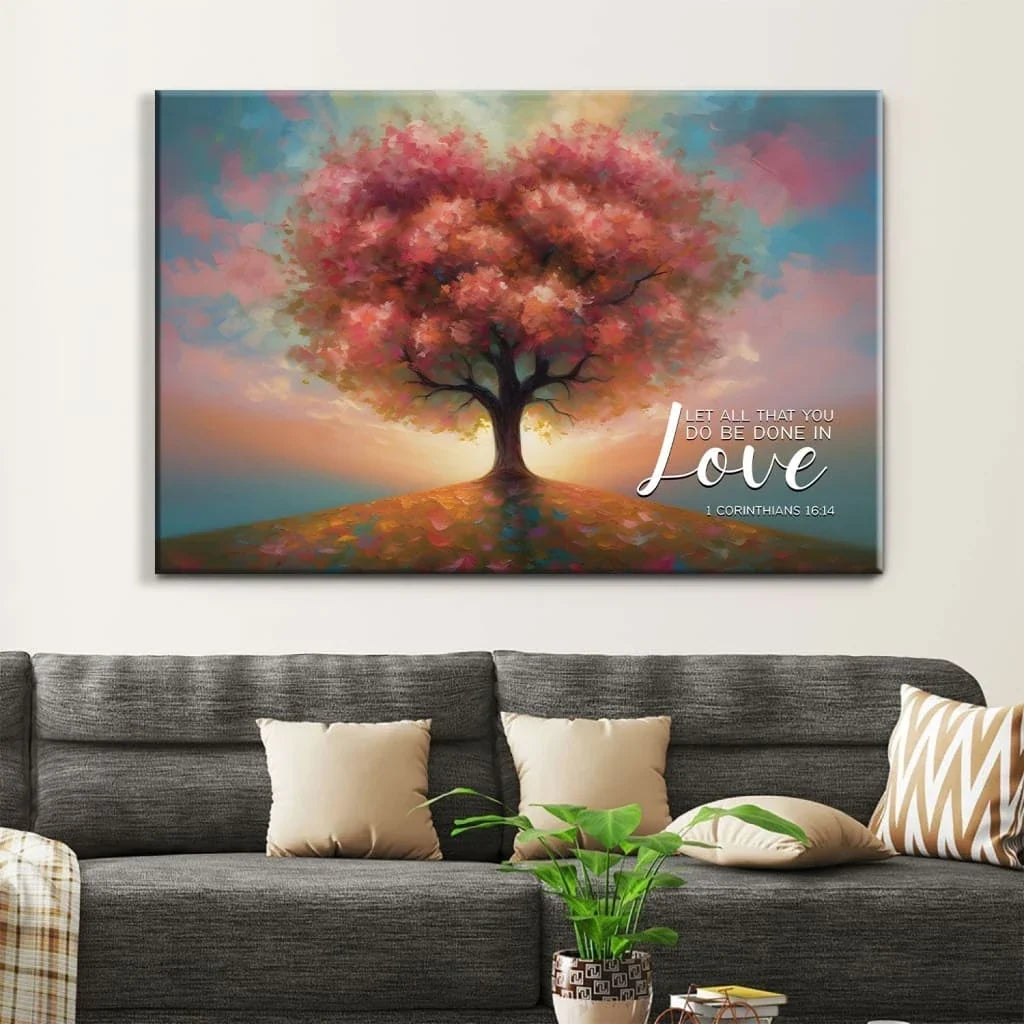 let all that you do be done in love heart shape tree wall art canvas (Landscape) (view 4)