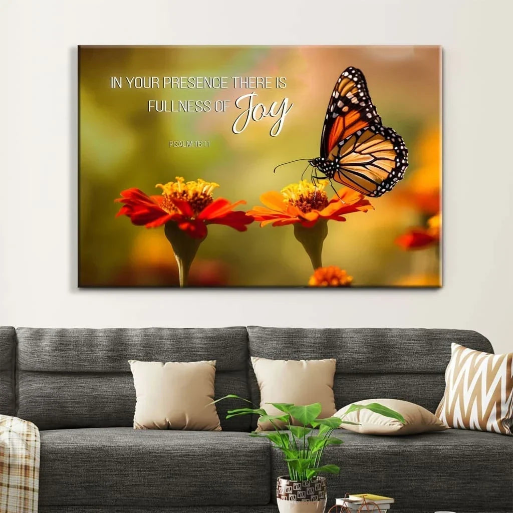 christian canvas print psalm 16 11 in your presence there is fullness of joy butterfly flowers (Landscape) (view 3)