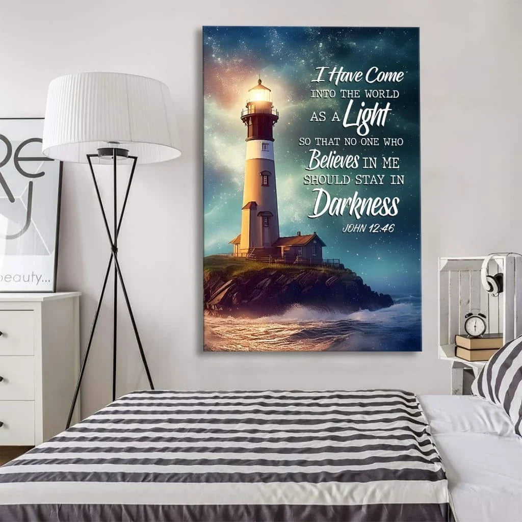 john 12 46 i have come into the world as a light lighthouse wall art canvas (view 3)