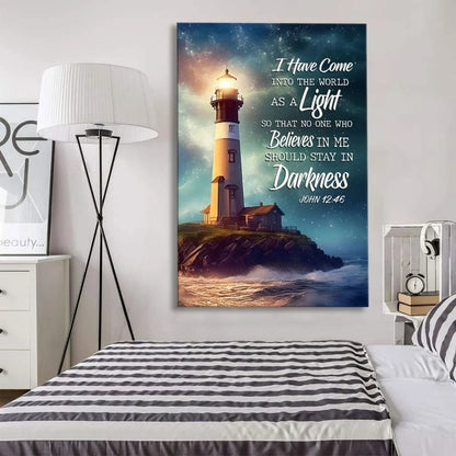 john 12 46 i have come into the world as a light lighthouse wall art canvas (view 3)
