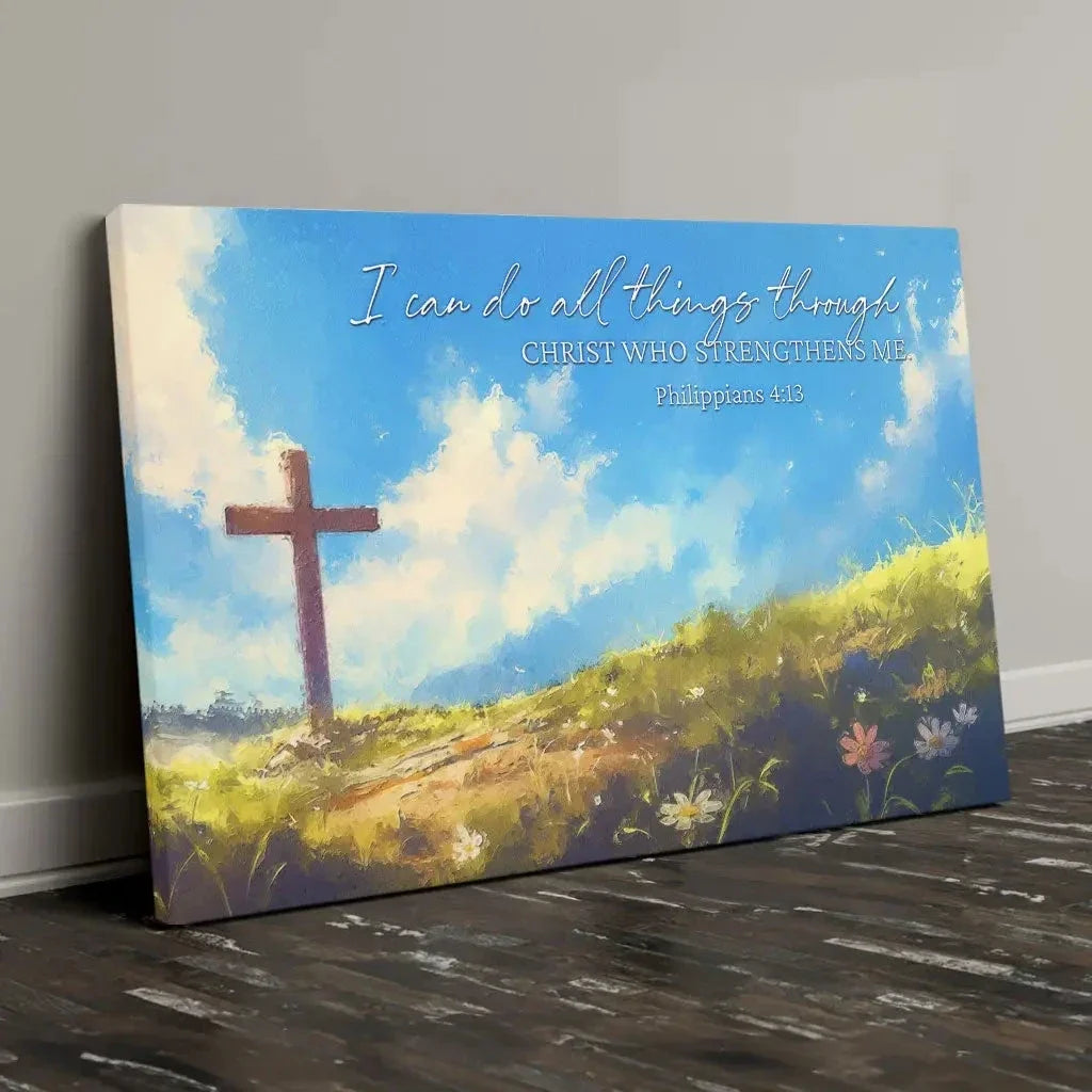 i can do all things through christ wooden cross philippians 4 13 wall art canvas print (Landscape) (view 5)