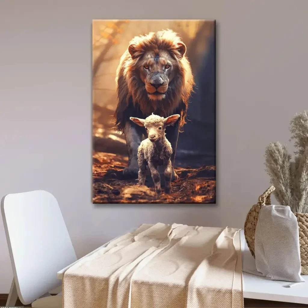 lion and lamb in the forest christian wall art canvas print (view 5)