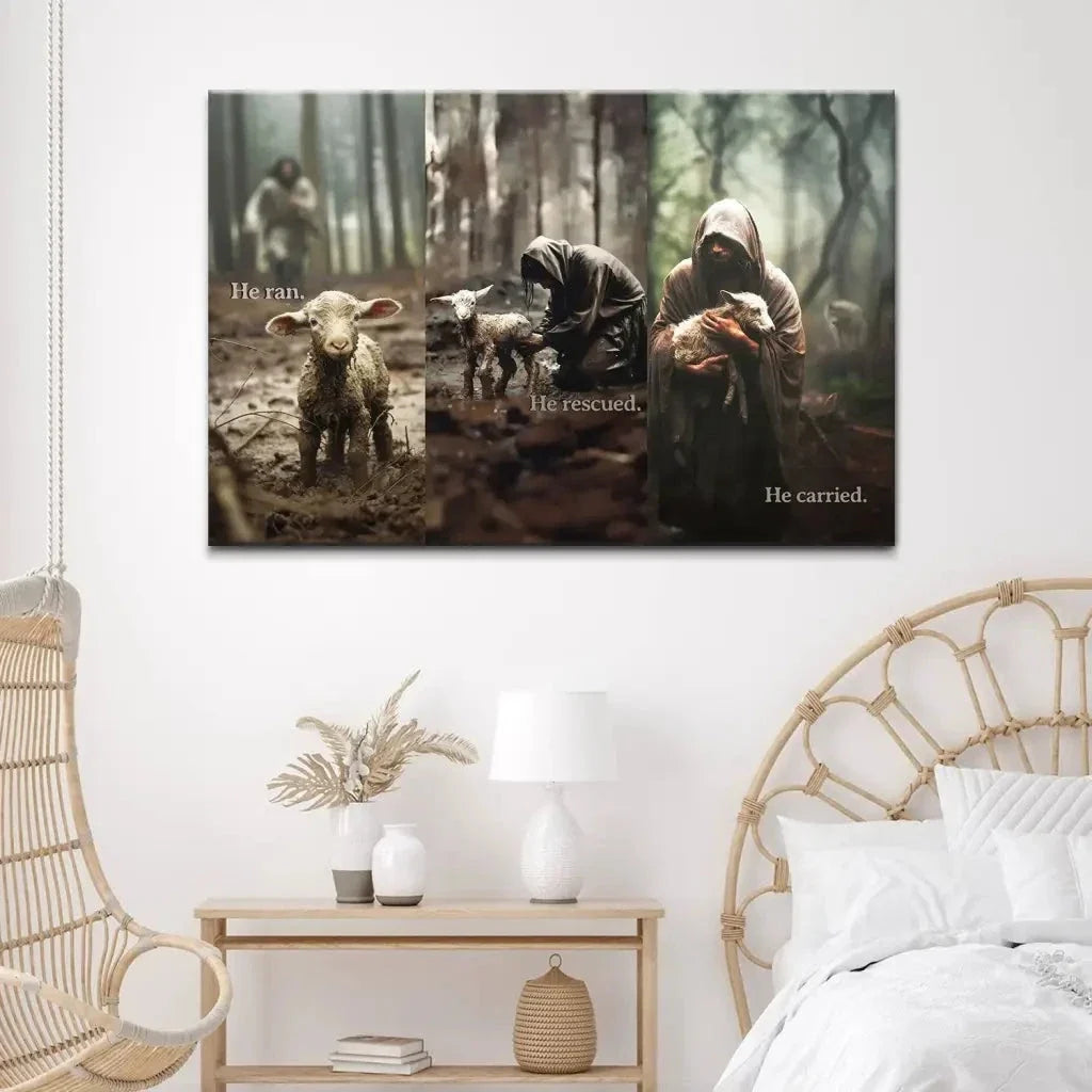 he ran he rescued he carried jesus and lost sheep wall art canvas (view 8)