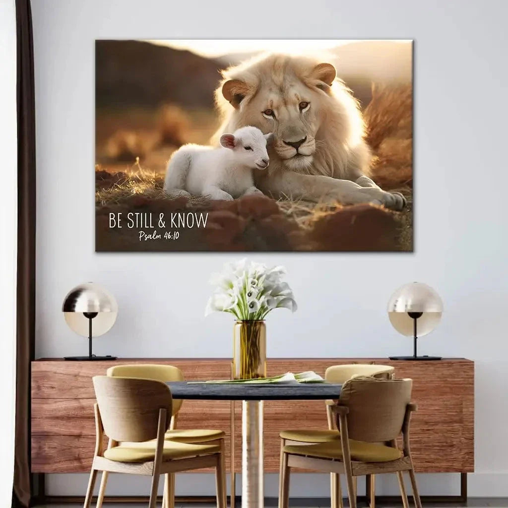 lion and lamb be still and know psalm 46 10 wall art canvas print (Landscape) (view 4)