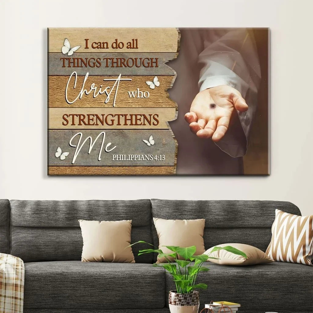 i can do all things through christ wall art jesus hands rustic christian canvas print (Landscape) (view 4)